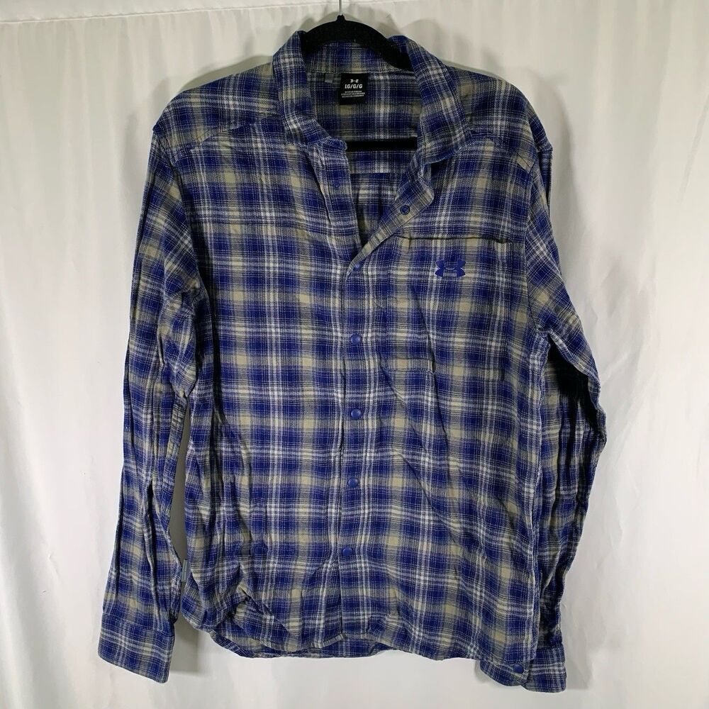 Under Armour Flannel Shirt Mens Large Blue Grey Plaid Snap Up Long Sleeve Cotton